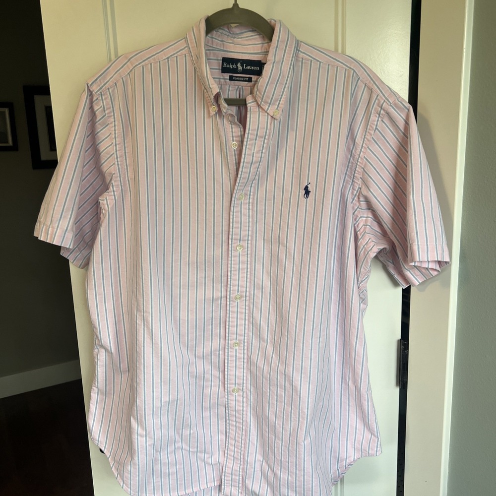 Polo Ralph Lauren Shirt Mens XL Pink Blue Striped Pony Logo Classic Fit 90s